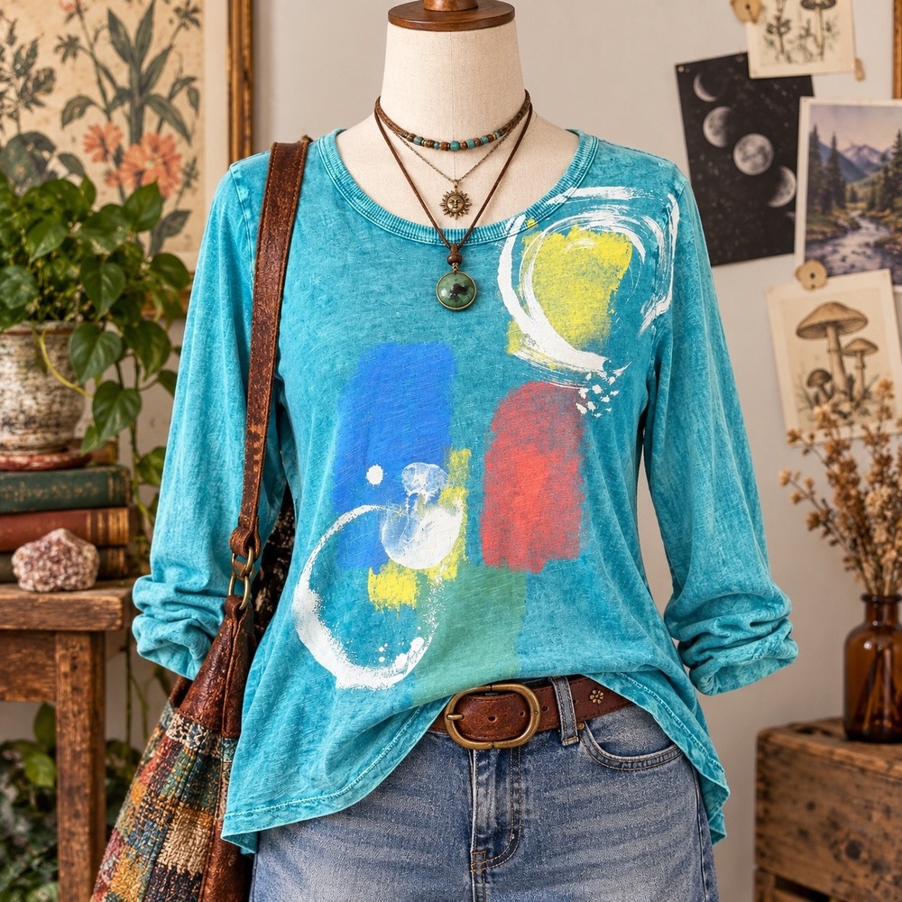 Jess & Jane Art to Wear Tunic Top S Teal Abstract Lagenlook Boho Artsy Dopamine